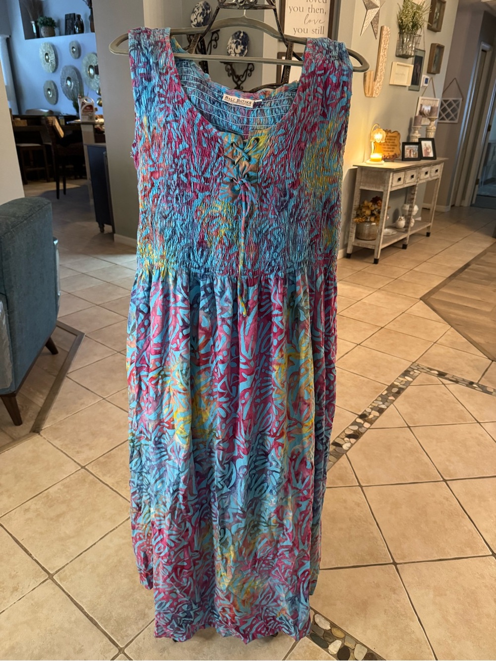 Bali Batiks Hand Painted Resort Wear 2X Maxi Dress Smocked Boho Tropical